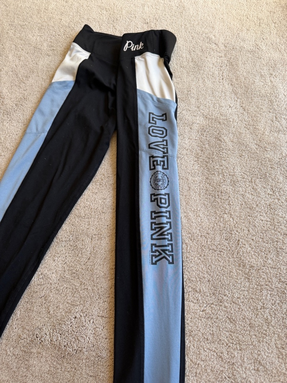 PINK Victoria's Secret Black, Light Blue & White Colorblock Leggings - Picture 3 of 5